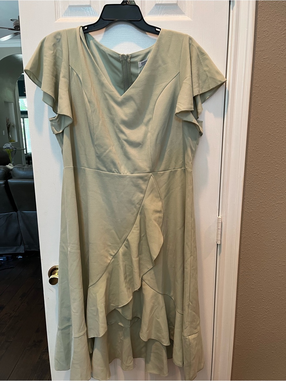 Flutter-Sleeve Sage Midi Dress with Ruffle Front